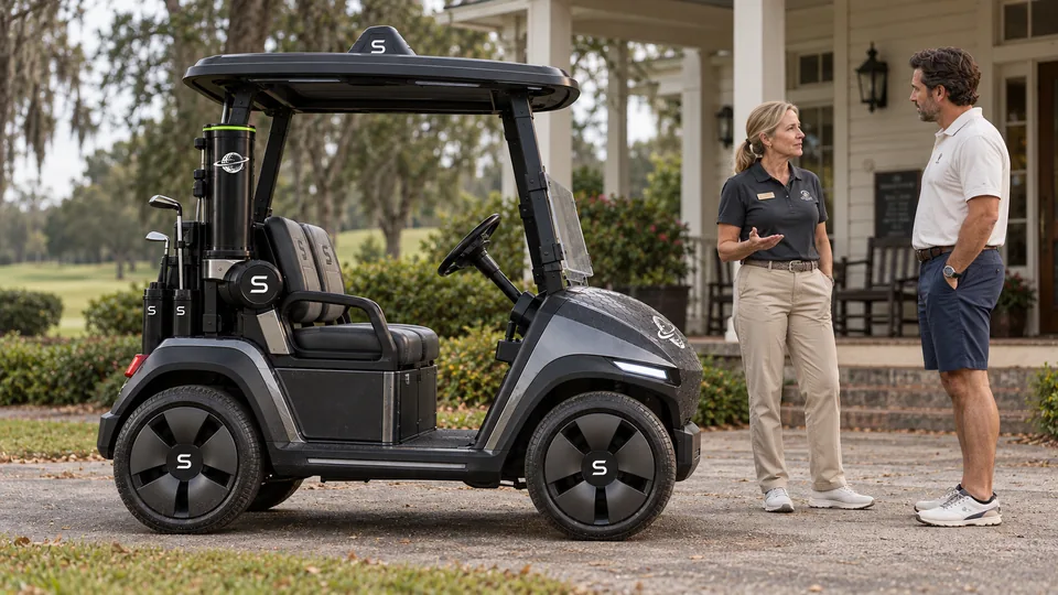 Concept illustration of a course conversation near the SpinGolf cart at a clubhouse